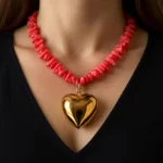 Coral Beads Gold Heart Pendant Necklace - Image 7