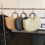 Handmade Woven Wooden Bead Handles Straw Bag - Image 12