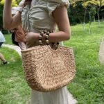 Handmade Woven Wooden Bead Handles Straw Bag - Image 11