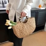 Handmade Woven Wooden Bead Handles Straw Bag - Image 9