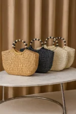Handmade Woven Wooden Bead Handles Straw Bag - Image 8