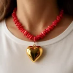 Coral Beads Gold Heart Pendant Necklace