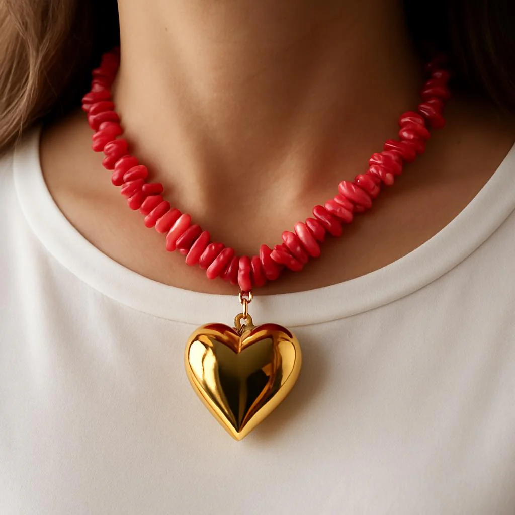 538690515_10172135493845403_4763087255246619982_n Coral Beads Gold Heart Pendant Necklace - Image 1