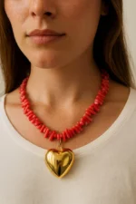 Coral Beads Gold Heart Pendant Necklace - Image 6