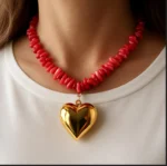 Coral Beads Gold Heart Pendant Necklace - Image 3