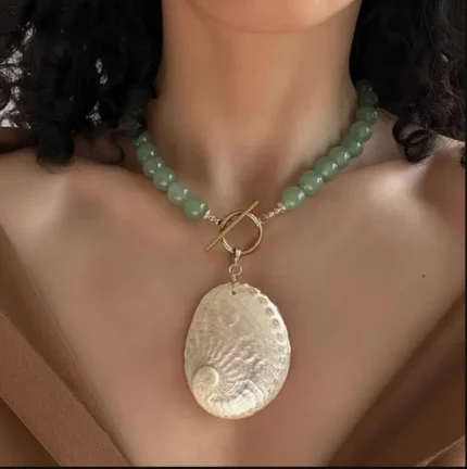 Handmade Green Aventurine Bead Necklace with Abalone Shell Pendant