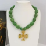 Luxury Green Bead Necklace with hand polished Gold Cross - Image 2