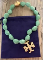 Luxury Green Bead Necklace with hand polished Gold Cross - Image 3
