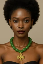 Luxury Green Bead Necklace with hand polished Gold Cross