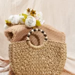 Handmade Woven Wooden Bead Handles Straw Bag