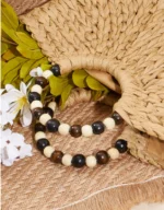 Handmade Woven Wooden Bead Handles Straw Bag - Image 4