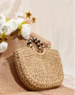 Handmade Woven Wooden Bead Handles Straw Bag - Image 3