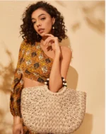 Handmade Woven Wooden Bead Handles Straw Bag - Image 2