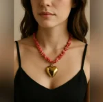 Coral Beads Gold Heart Pendant Necklace - Image 2
