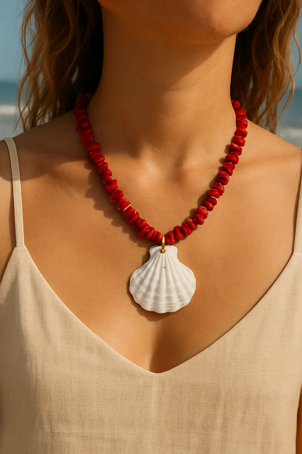 SunlitCoralNecklaceattheBeach Handmade Red beads Scallop Necklace - Image 1