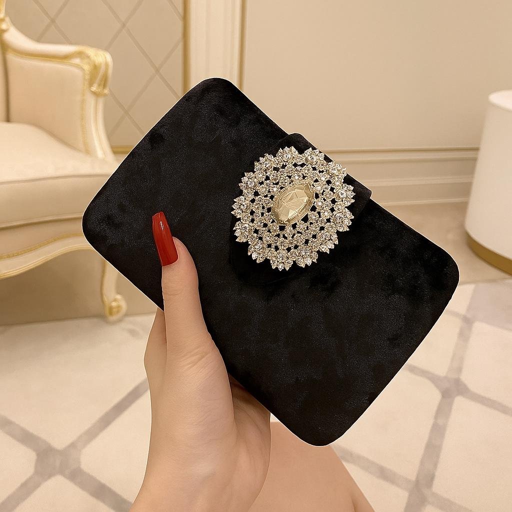 il_fullxfull.7407742935_51pc Black Velvet Clutch with Crystal Brooch - Image 1